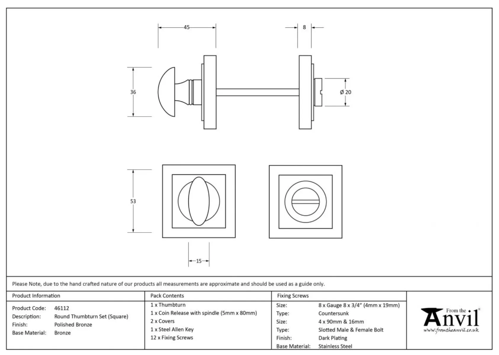 From The Anvil Polished Bronze Bathroom Thumbturn & Snib Release (Square) | 46112