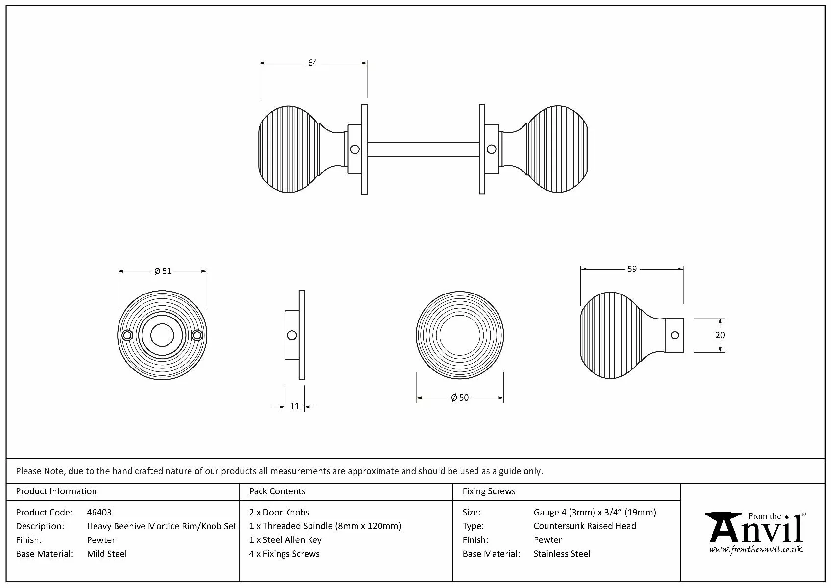 Pewter Heavy Beehive Mortice/Rim Knob Set | 46403 - Image 6