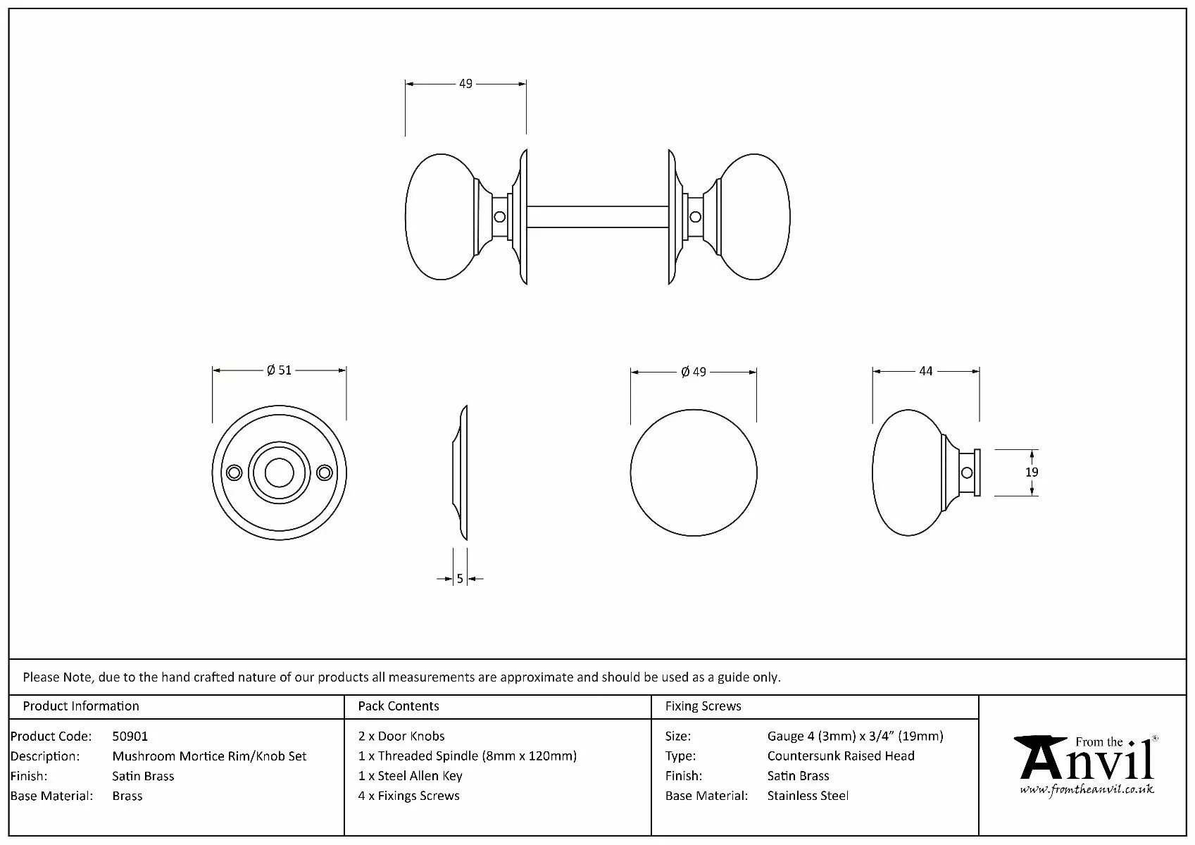Satin Brass Mushroom Mortice/Rim Knob Set | 50901 - Image 4