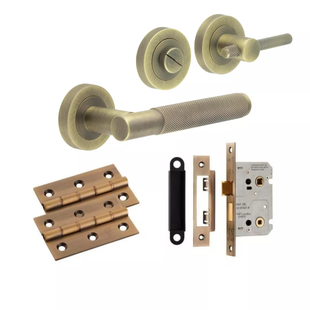 Antique Brass JV850AB Knurled Handle Door Kit - Bathroom